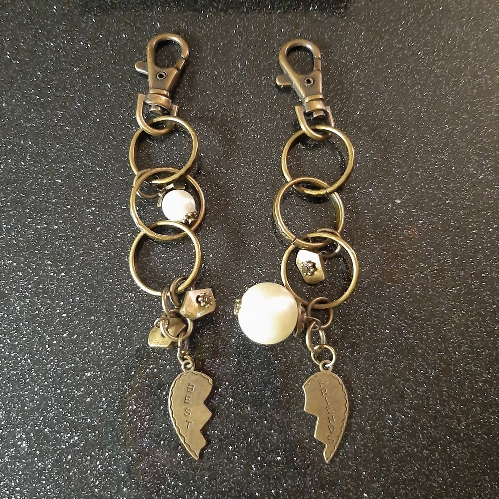 Bronze & Pearls Best Friends Broken Heart Friendship Keychains.